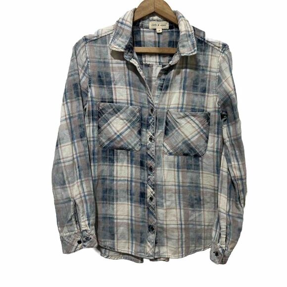 Cloth & Stone Flannel Button Down Shirt Womens Small Blue Pink Plaid USA - Picture 1 of 12